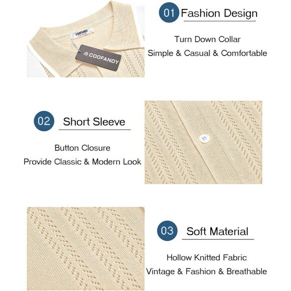 Men Beige White Short Sleeve Button Up Knit Polo Shirt Casual Lightweight - Picture 5 of 5